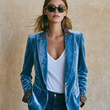 Casual Retro Leopard Print Trim Lake Blue Velvet Blazer