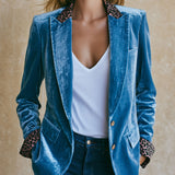 Casual Retro Leopard Print Trim Lake Blue Velvet Blazer