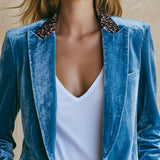 Casual Retro Leopard Print Trim Lake Blue Velvet Blazer