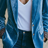 Casual Retro Leopard Print Trim Lake Blue Velvet Blazer