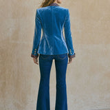 Casual Retro Leopard Print Trim Lake Blue Velvet Blazer