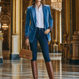 Casual Retro Leopard Print Trim Lake Blue Velvet Blazer