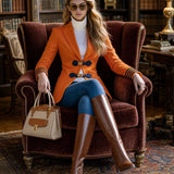 Fashionable Retro PU Buckle Webbing Orange Blazer