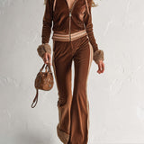 Retro Faux-Fur-Edge Brown Textured Velvet Zip-Up Top and Pants Set