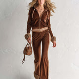 Retro Faux-Fur-Edge Brown Textured Velvet Zip-Up Top and Pants Set