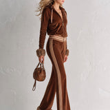 Retro Faux-Fur-Edge Brown Textured Velvet Zip-Up Top and Pants Set