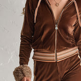 Retro Faux-Fur-Edge Brown Textured Velvet Zip-Up Top and Pants Set