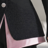 Black Tweed And Pink Satin Jacket With A Retro Casual And Elegant Style