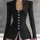 Black Tweed And Pink Satin Jacket With A Retro Casual And Elegant Style