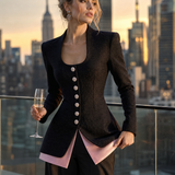 Black Tweed And Pink Satin Jacket With A Retro Casual And Elegant Style