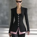 Black Tweed And Pink Satin Jacket With A Retro Casual And Elegant Style