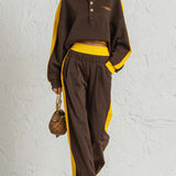 Retro Sportswear Dark Brown Cotton Stand-collar Top And Pants Set