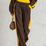 Retro Sportswear Dark Brown Cotton Stand-collar Top And Pants Set