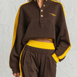 Retro Sportswear Dark Brown Cotton Stand-collar Top And Pants Set