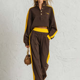 Retro Sportswear Dark Brown Cotton Stand-collar Top And Pants Set
