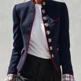 Elegant And Classic Stand Collar Checkered Cuffs Dark Blue Jacket