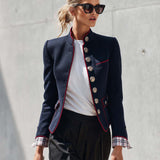 Elegant And Classic Stand Collar Checkered Cuffs Dark Blue Jacket