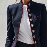 Elegant And Classic Stand Collar Checkered Cuffs Dark Blue Jacket