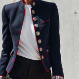 Elegant And Classic Stand Collar Checkered Cuffs Dark Blue Jacket