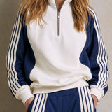 Sporty Casual Striped Half-zip Sweatshirt And Wide-leg Pants Set