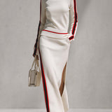 Elegant Retro Red Trim Cream Knit Top And Slit Maxi Skirt Set