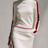 Elegant Retro Red Trim Cream Knit Top And Slit Maxi Skirt Set