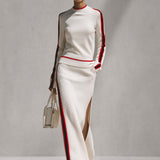 Elegant Retro Red Trim Cream Knit Top And Slit Maxi Skirt Set