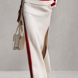 Elegant Retro Red Trim Cream Knit Top And Slit Maxi Skirt Set