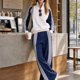Sporty Casual Striped Half-zip Sweatshirt And Wide-leg Pants Set