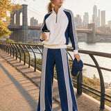 Sporty Casual Striped Half-zip Sweatshirt And Wide-leg Pants Set