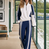 Sporty Casual Striped Half-zip Sweatshirt And Wide-leg Pants Set