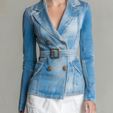 Women's Blue Denim Blazer Jacket Belted Double-Breasted Fitted Western