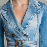 Women's Blue Denim Blazer Jacket Belted Double-Breasted Fitted Western