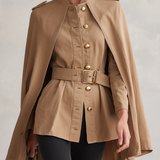 Women's Khaki Cape Jacket Belted Military Stand Collar Cape Coat