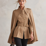 Women's Khaki Cape Jacket Belted Military Stand Collar Cape Coat