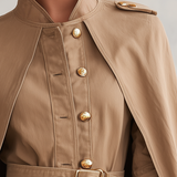 Women's Khaki Cape Jacket Belted Military Stand Collar Cape Coat