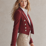 Vintage Double-breasted Metal-button Slim-fit Cropped Denim Blazer