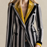 Retro-elegant Color-blocked Collar Gray Striped Velvet Blazer