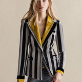 Retro-elegant Color-blocked Collar Gray Striped Velvet Blazer
