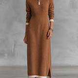Women's Retro Color-Block Raglan-Sleeve Maxi Dress With Trim And Zip-Up Stand Collar MDZ2180H2WY