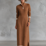 Women's Retro Color-Block Raglan-Sleeve Maxi Dress With Trim And Zip-Up Stand Collar MDZ2180H2WY