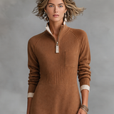 Women's Retro Color-Block Raglan-Sleeve Maxi Dress With Trim And Zip-Up Stand Collar MDZ2180H2WY