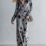 Chic Urban Star-Print Zip-Front Grey Velour Jumpsuit