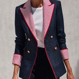 Retro Color-blocking Checked Peak-lapel X-line Blazer