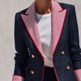 Retro Color-blocking Checked Peak-lapel X-line Blazer
