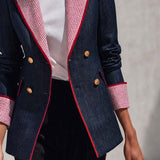 Retro Color-blocking Checked Peak-lapel X-line Blazer