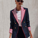 Retro Color-blocking Checked Peak-lapel X-line Blazer