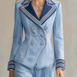 Women's Light Blue Denim Blazer Nautical Striped Lapel Double-Breasted Cropped Jacket