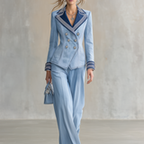 Women's Light Blue Denim Blazer Nautical Striped Lapel Double-Breasted Cropped Jacket