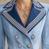 Women's Light Blue Denim Blazer Nautical Striped Lapel Double-Breasted Cropped Jacket